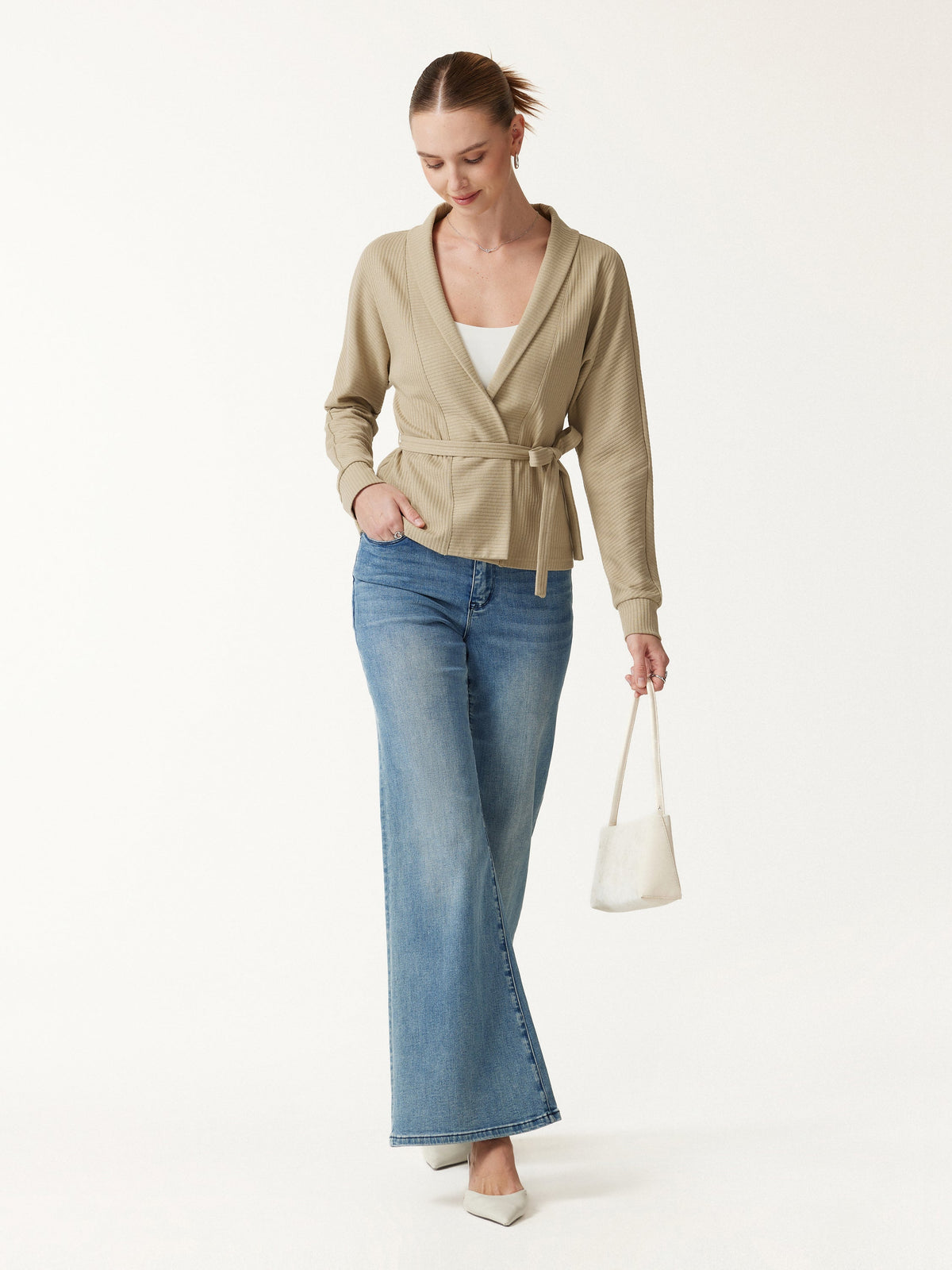 Textured Cotton Blend Lapel Belted Open-Front Jacket