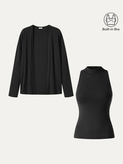2Pcs Set Mock Neck Bra Top & Open-Front Long Sleeve Cardigan