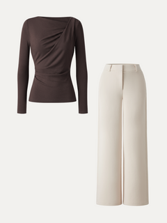 2Pcs Set Asymmetrical Neck Long Sleeve Top & Mid Rise Wide Leg Trouser