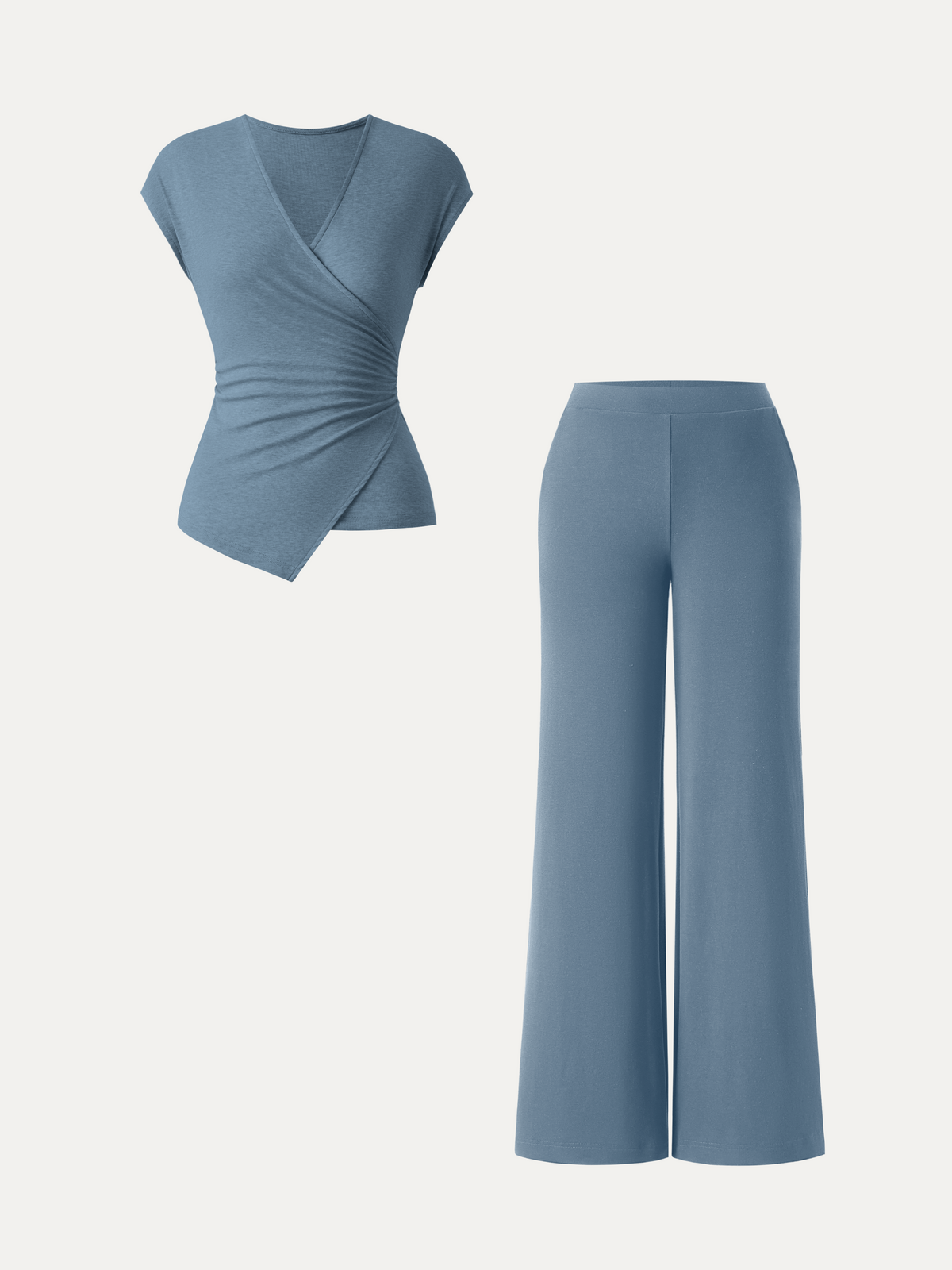 2Pcs Set Lyocell Wool Surplice Cap Sleeve Top & Mid Rise Wide Leg Pants with Pockets