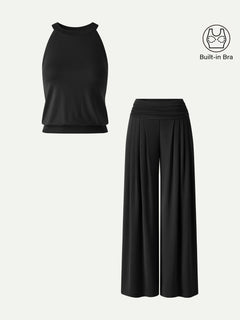 2Pcs Set Halter Neck Bra Tank & Tucked Pant with Pockets