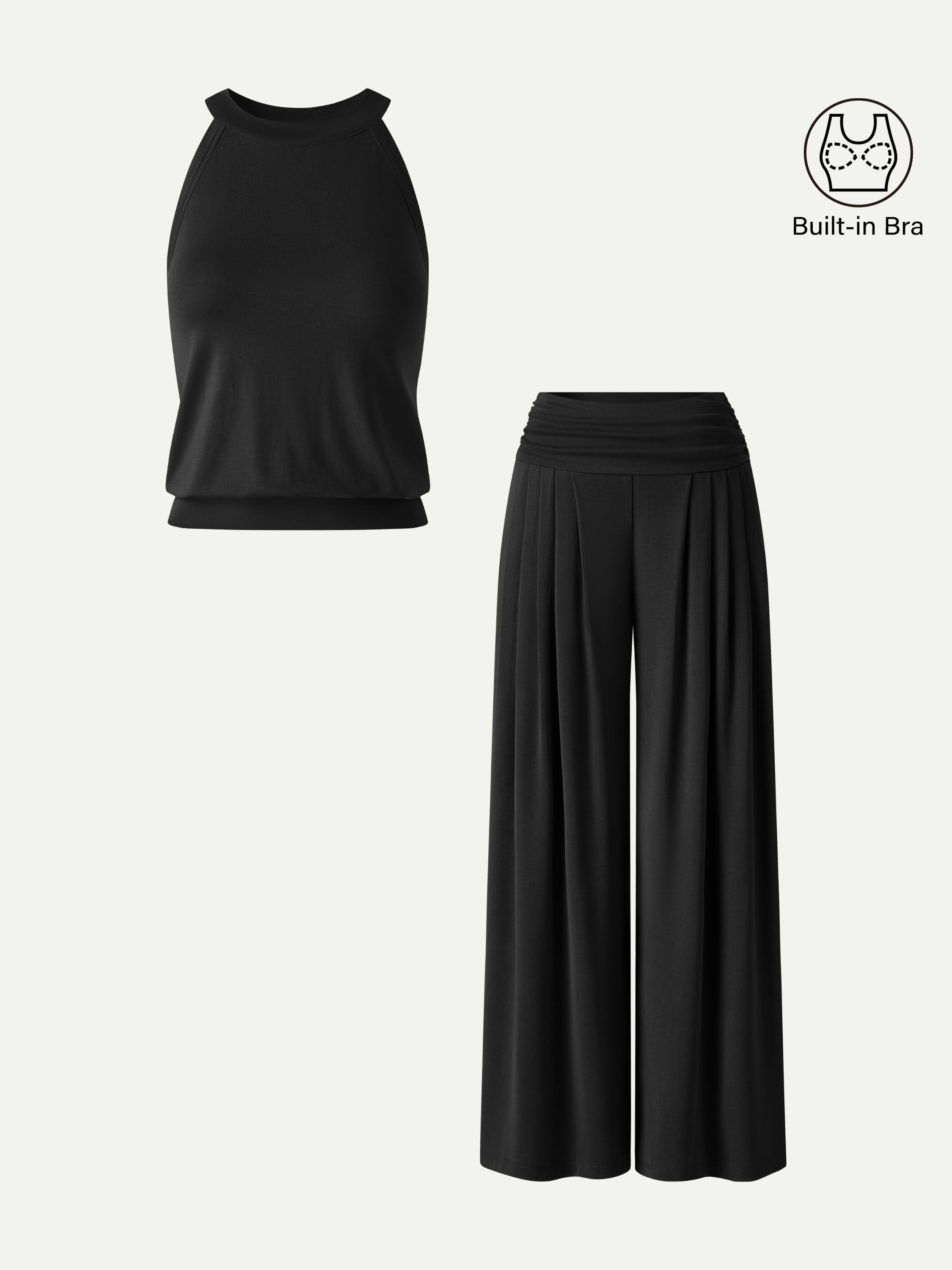 2Pcs Set Halter Neck Bra Tank & Tucked Pant with Pockets