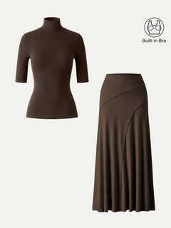 2Pcs Set Turtleneck Bra Top & Drapey A-Line Maxi Skirt