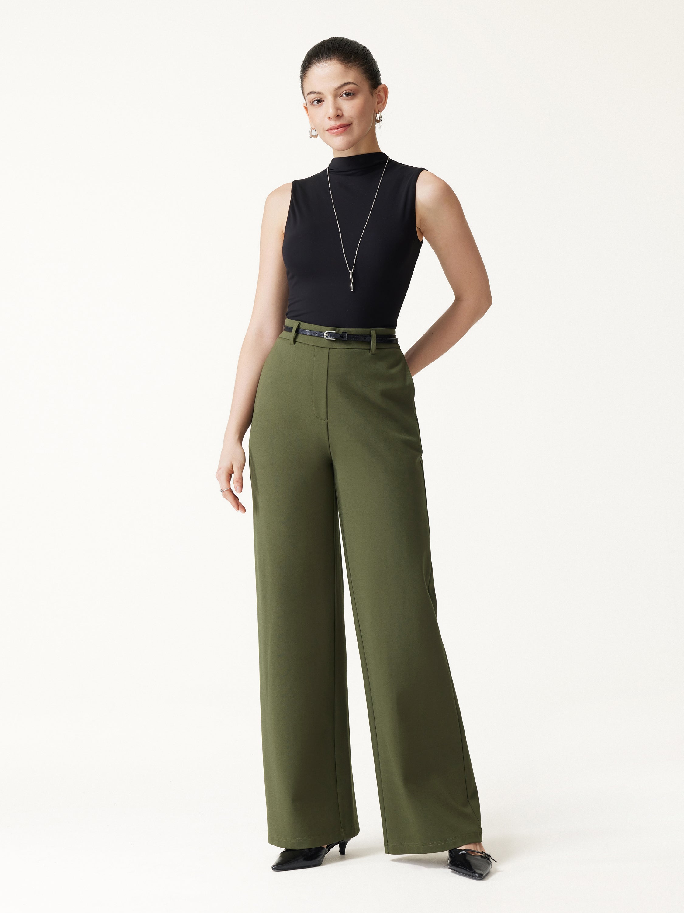 Ponte Mid-Rise Wide-Leg Pants with Pockets