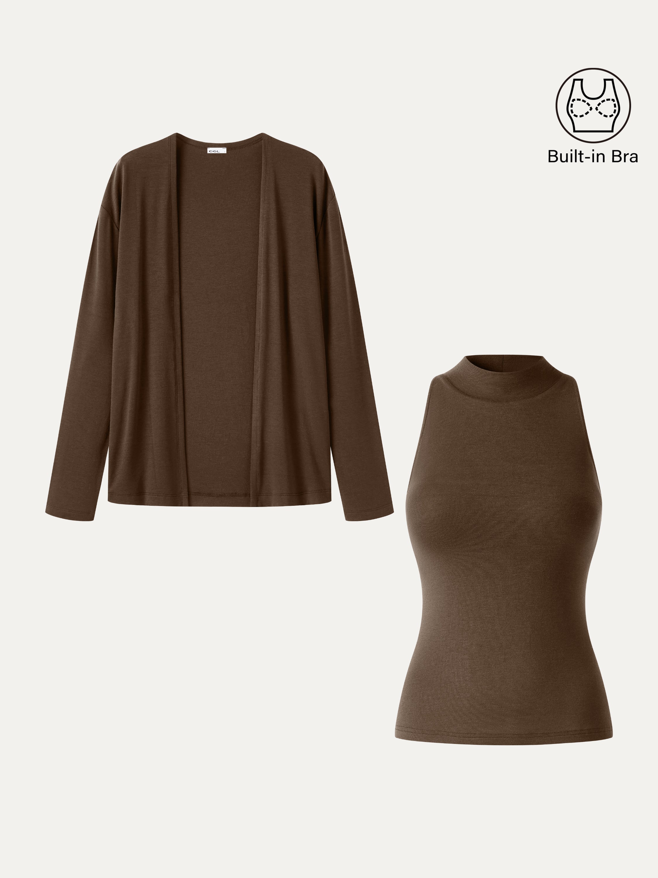 2Pcs Set Mock Neck Bra Top & Open-Front Long Sleeve Cardigan