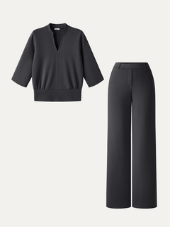 2Pcs Set V-Neck Elbow Sleeve Top & High-Rise Wide Leg Pants with Pockets