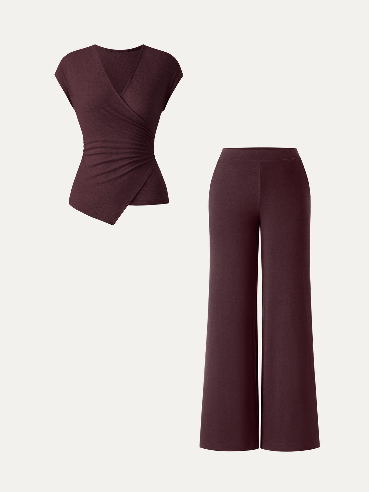2Pcs Set Lyocell Wool Surplice Cap Sleeve Top & Mid Rise Wide Leg Pants with Pockets