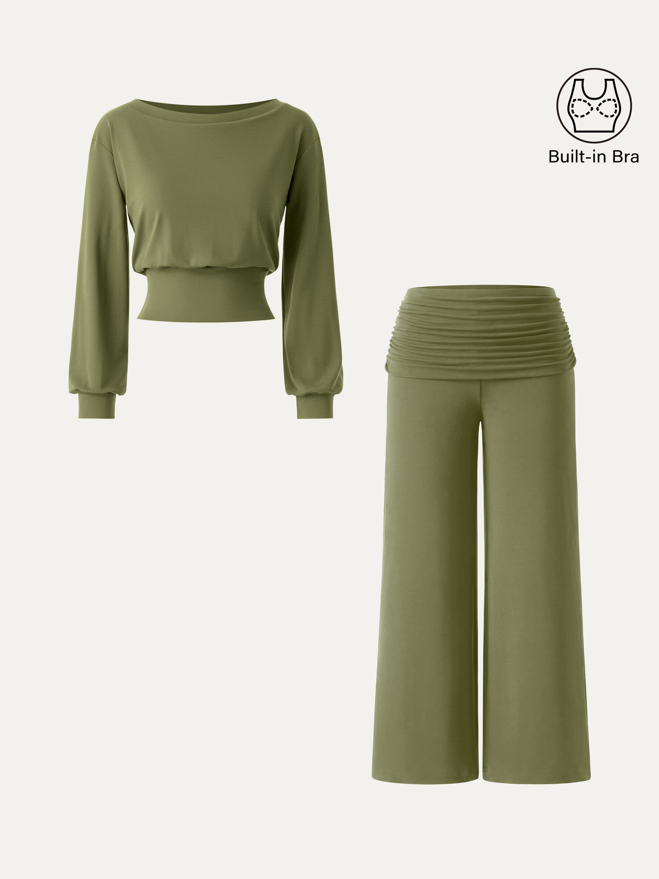 2Pcs Set Boatneck Bra & Drapey Wide Leg Pull-on Pants with Pockets