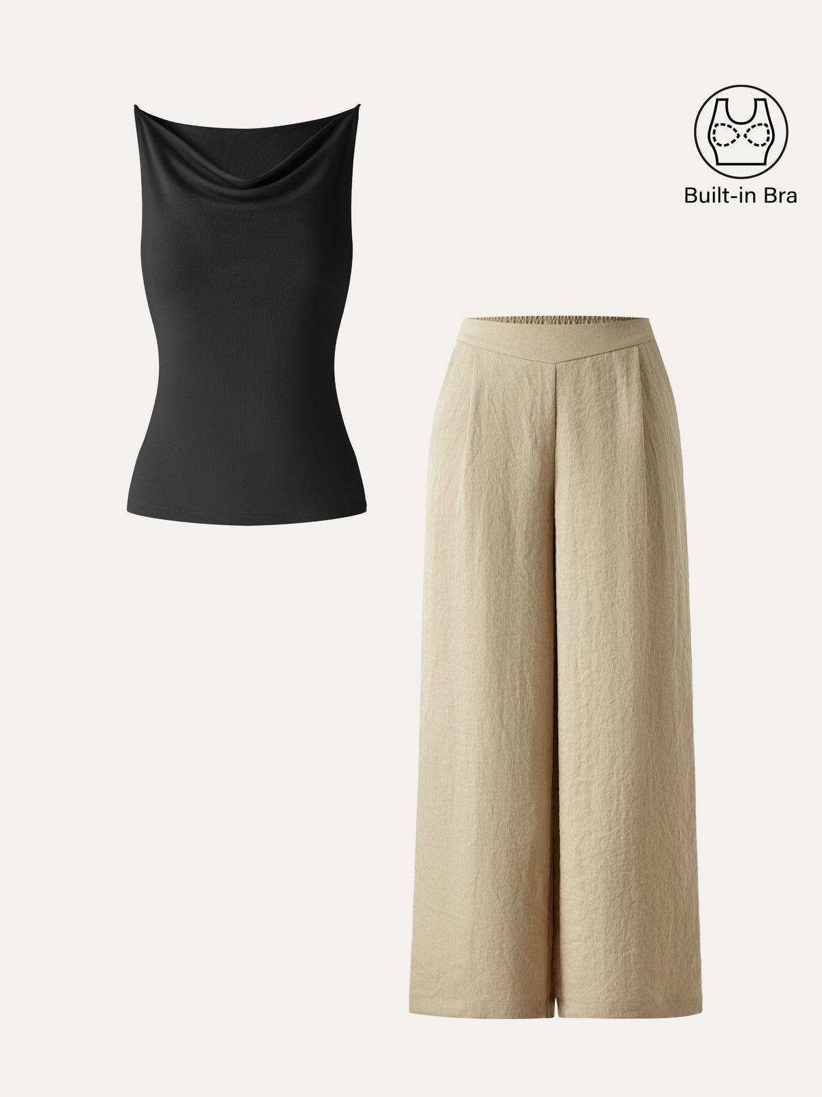 2Pcs Set Cowl Neck Bra Tank & Mid Rise Wide Leg Pant with Pockets