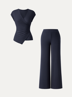 2Pcs Set Lyocell Wool Surplice Cap Sleeve Top & Mid Rise Wide Leg Pants with Pockets