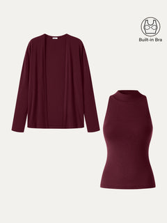2Pcs Set Mock Neck Bra Top & Open-Front Long Sleeve Cardigan