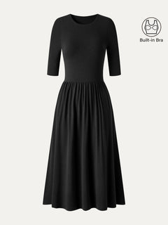 Eco-Mousse® Round Neck Elbow Sleeve Fit-and-Flare Midi Bra Dress with Pockets