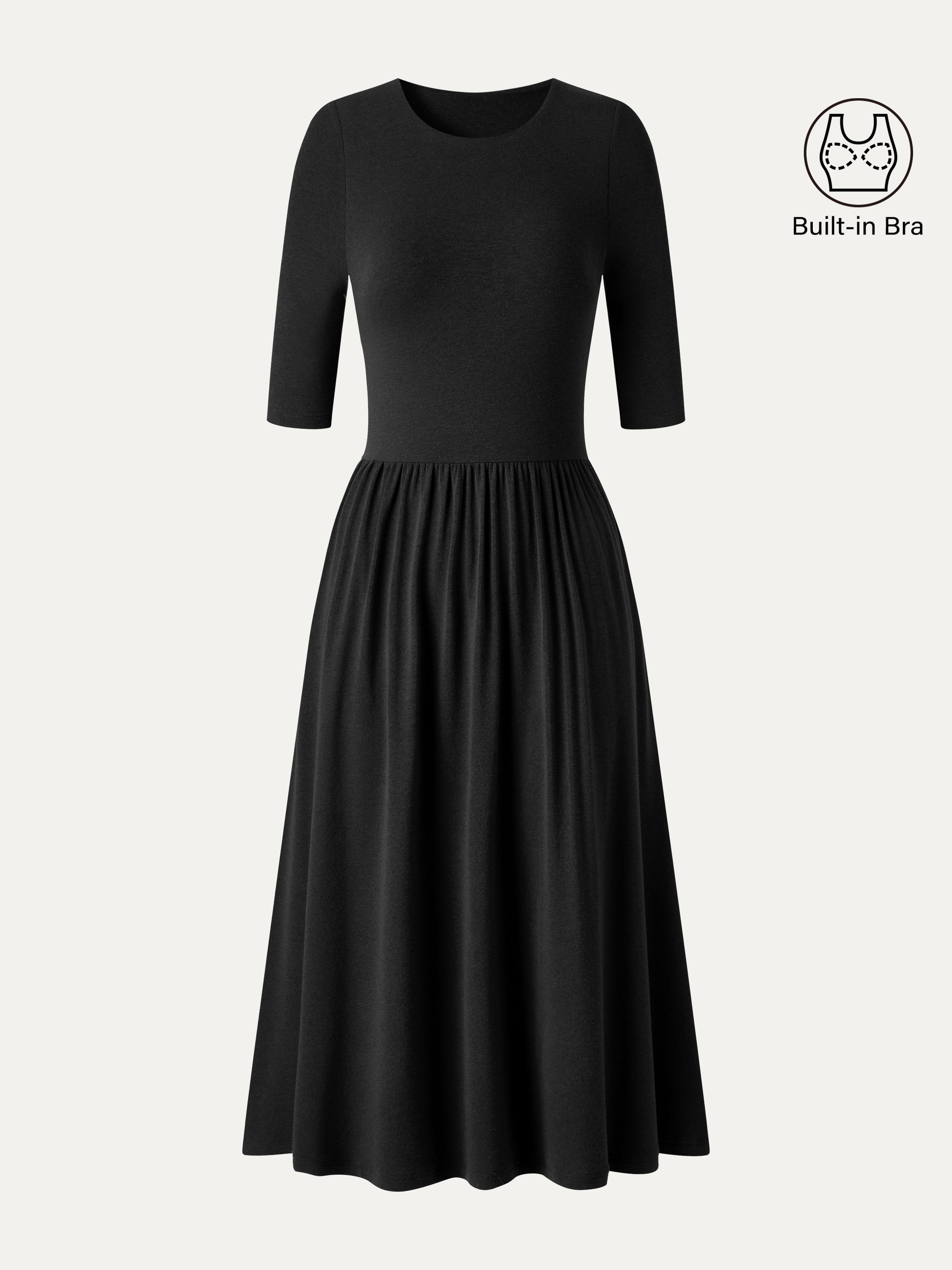 Eco-Mousse® Round Neck Elbow Sleeve Fit-and-Flare Midi Bra Dress with Pockets