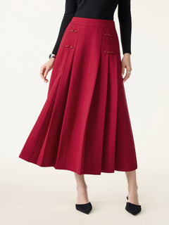 Pleated Frog Button Decor Midi A-line Skirt Limited Edition