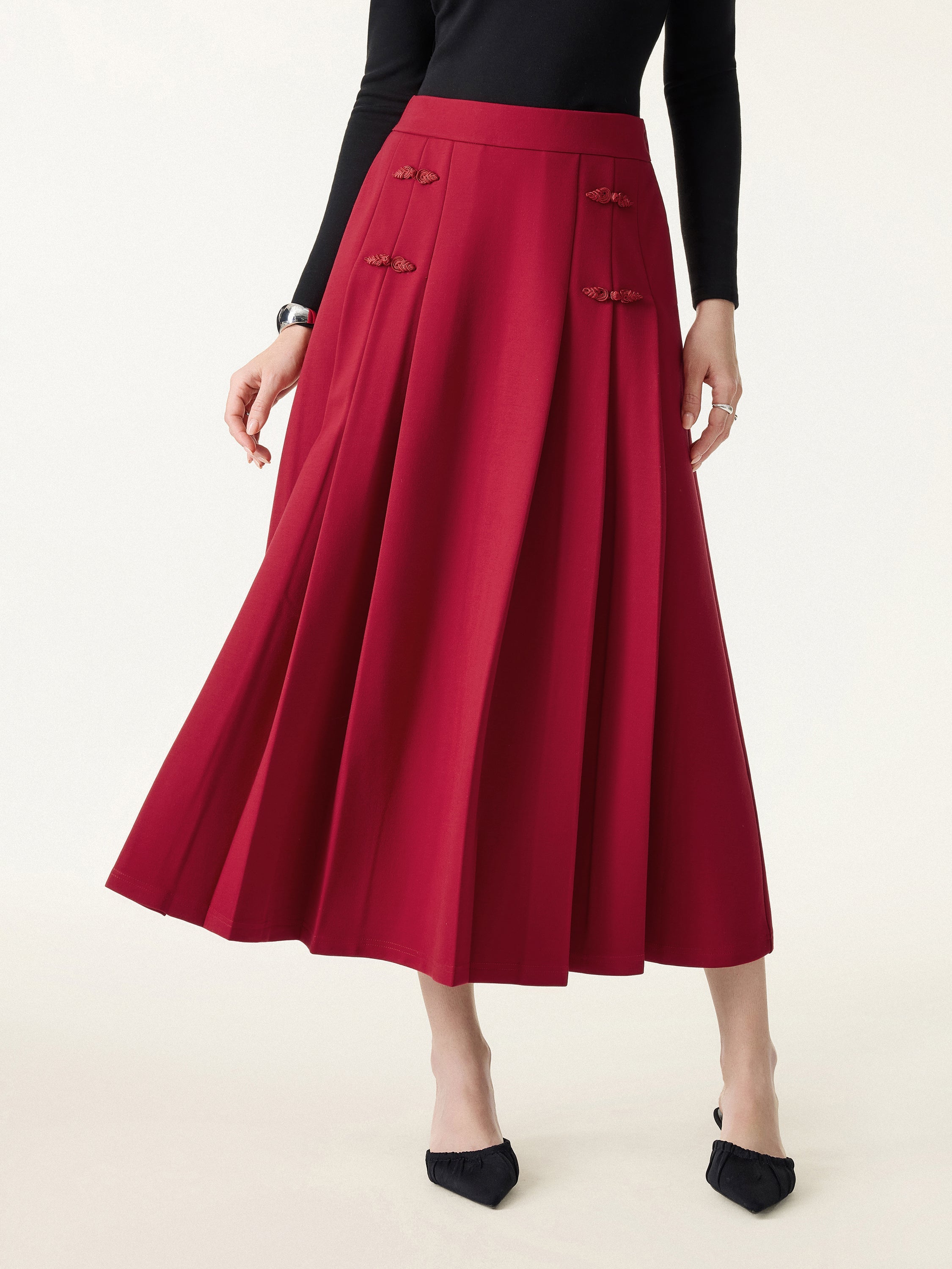 Pleated Frog Button Decor Midi A-line Skirt Limited Edition