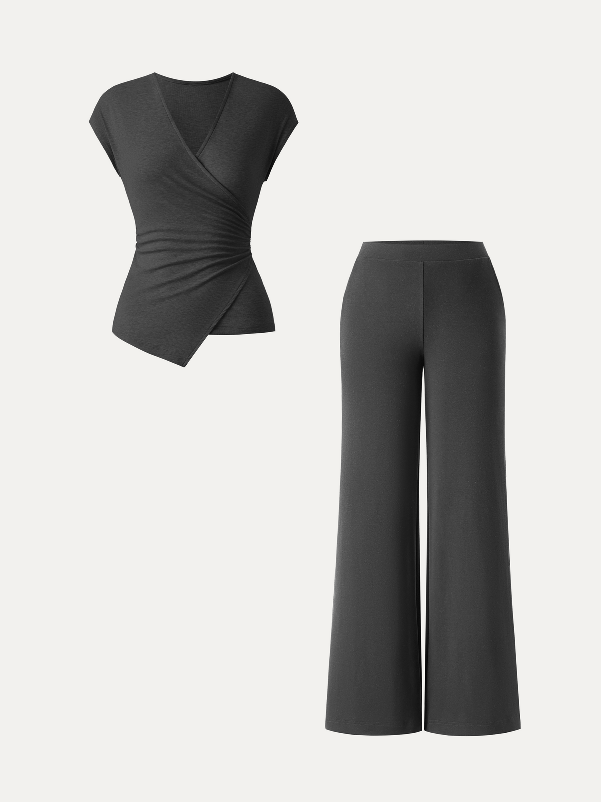 2Pcs Set Lyocell Wool Surplice Cap Sleeve Top & Mid Rise Wide Leg Pants with Pockets
