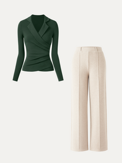 2Pcs Set Collared Surplice Top & High Waisted Straight Leg Pull On Pant