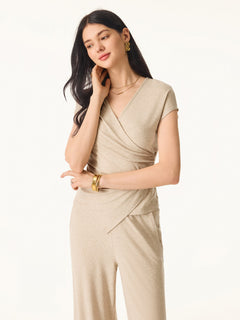 2Pcs Set Lyocell Wool Surplice Cap Sleeve Top & Mid Rise Wide Leg Pants with Pockets