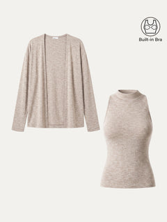 2Pcs Set Mock Neck Bra Top & Open-Front Long Sleeve Cardigan
