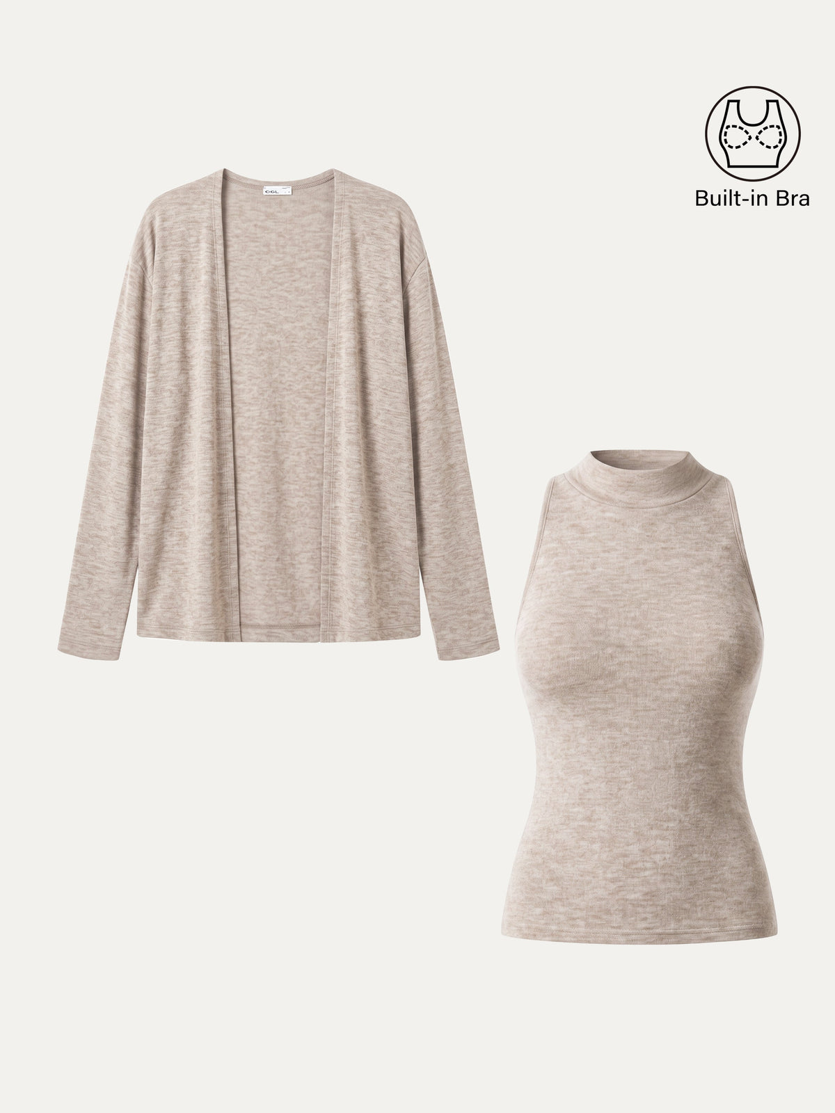 2Pcs Set Mock Neck Bra Top & Open-Front Long Sleeve Cardigan