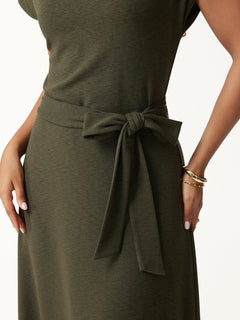V-Neck Short Sleeve Belted Midi Dress