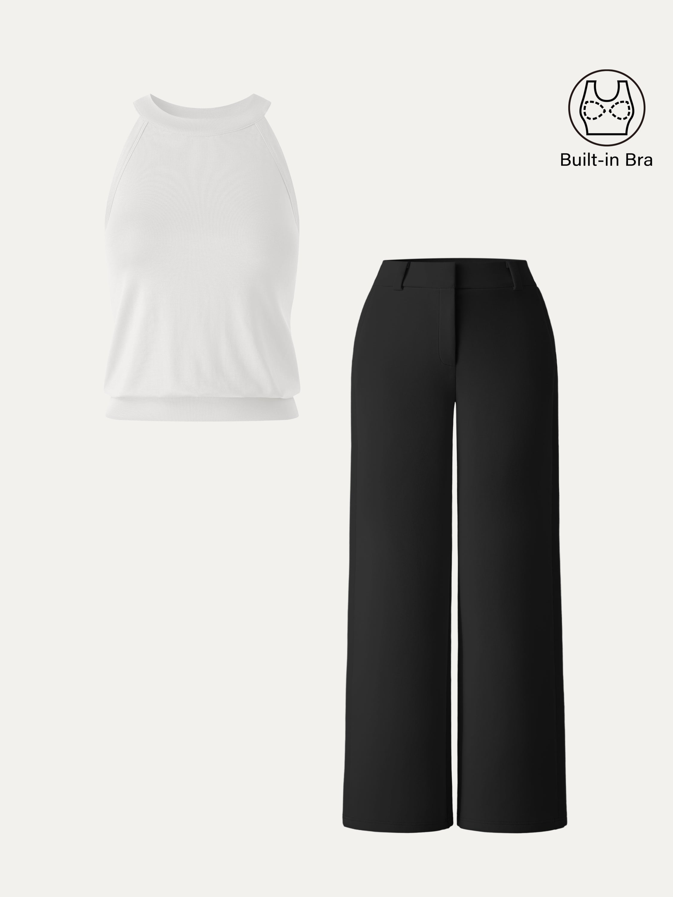 2Pcs Set Halter Neck Bra Top & Mid Rise Fly-Front Wide Leg Trousers