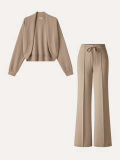 2Pcs Set Long Sleeve Drop-Shoulder Cardigan & High-Rise Flare Pants with Pockets