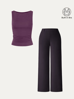2Pcs Set Boat-Neck Tank Top & Slimming High Rise Wide Leg Pant