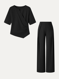2Pcs Set Surplice Elbow Sleeve Top & Mid-Rise  Wide-Leg Tuck Pants with Pockets
