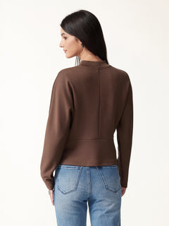 2Pcs Set Mock Neck Batwing Sleeve Top & High-Rise Wide-Leg Pants with Pockets