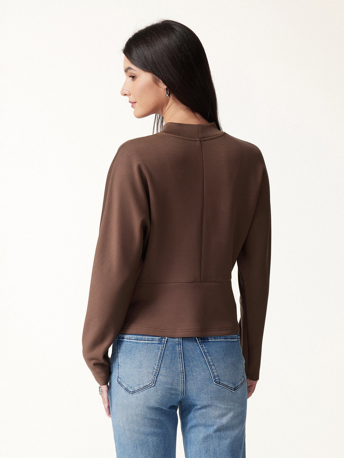 2Pcs Set Mock Neck Batwing Sleeve Top & High-Rise Wide-Leg Pants with Pockets