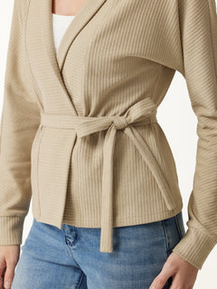 Textured Cotton Blend Lapel Belted Open-Front Jacket
