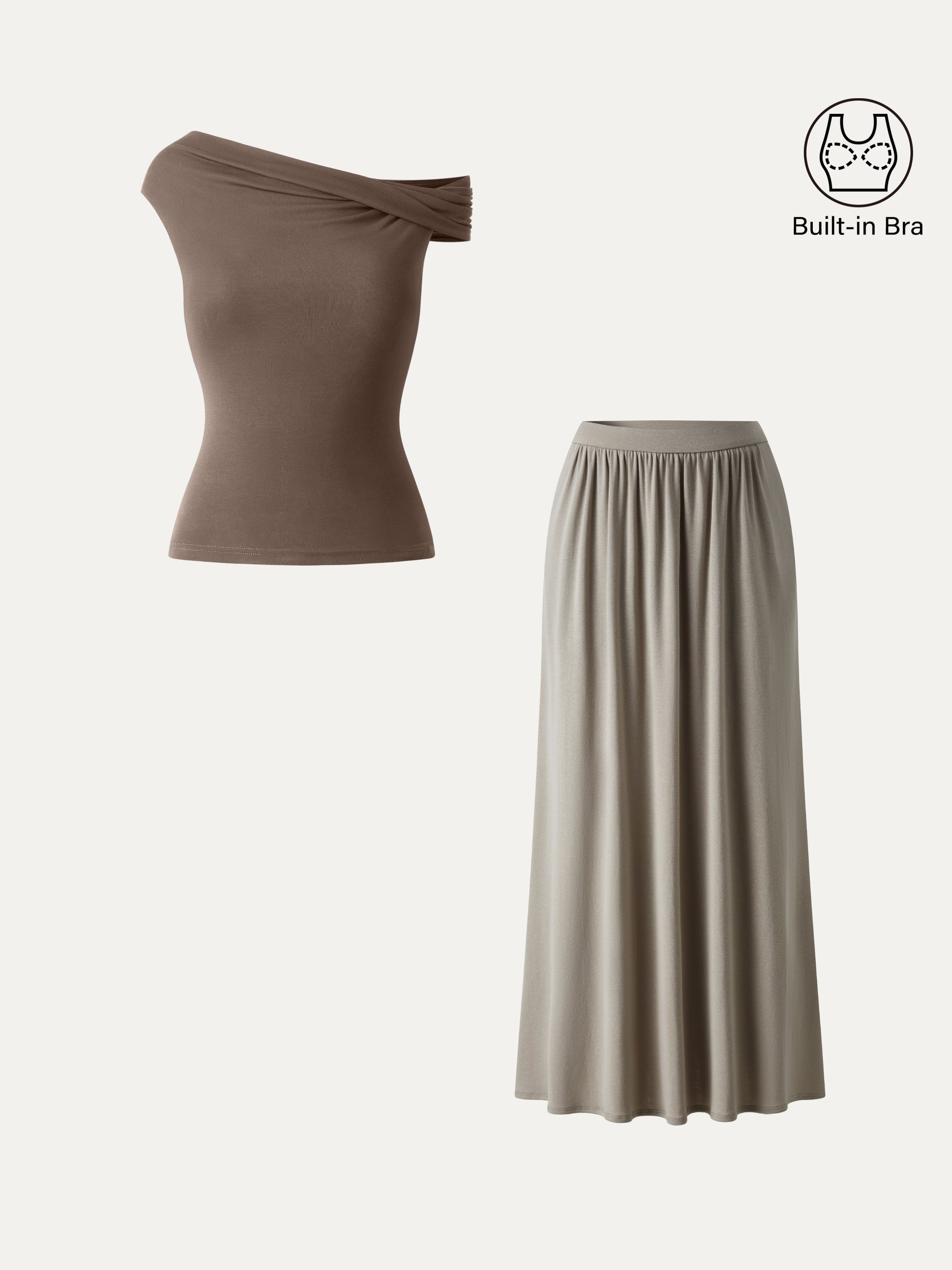 2Pcs Set Multi-wear Necklines Bra Top & Gathered A-Line Maxi Skirt with Pockets