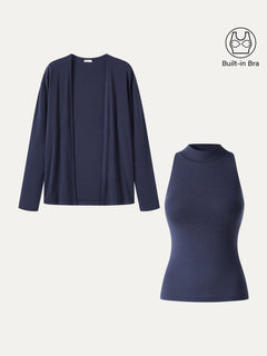 2Pcs Set Mock Neck Bra Top & Open-Front Long Sleeve Cardigan