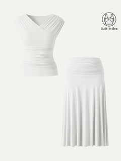 2Pcs Set Surplice V-Neck Bra Top & Side Ruched A-line Midi Skirt