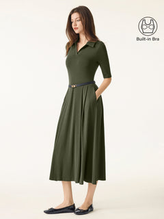 Polo Neck Elbow Length Sleeve Midi Bra Dress with Pockets