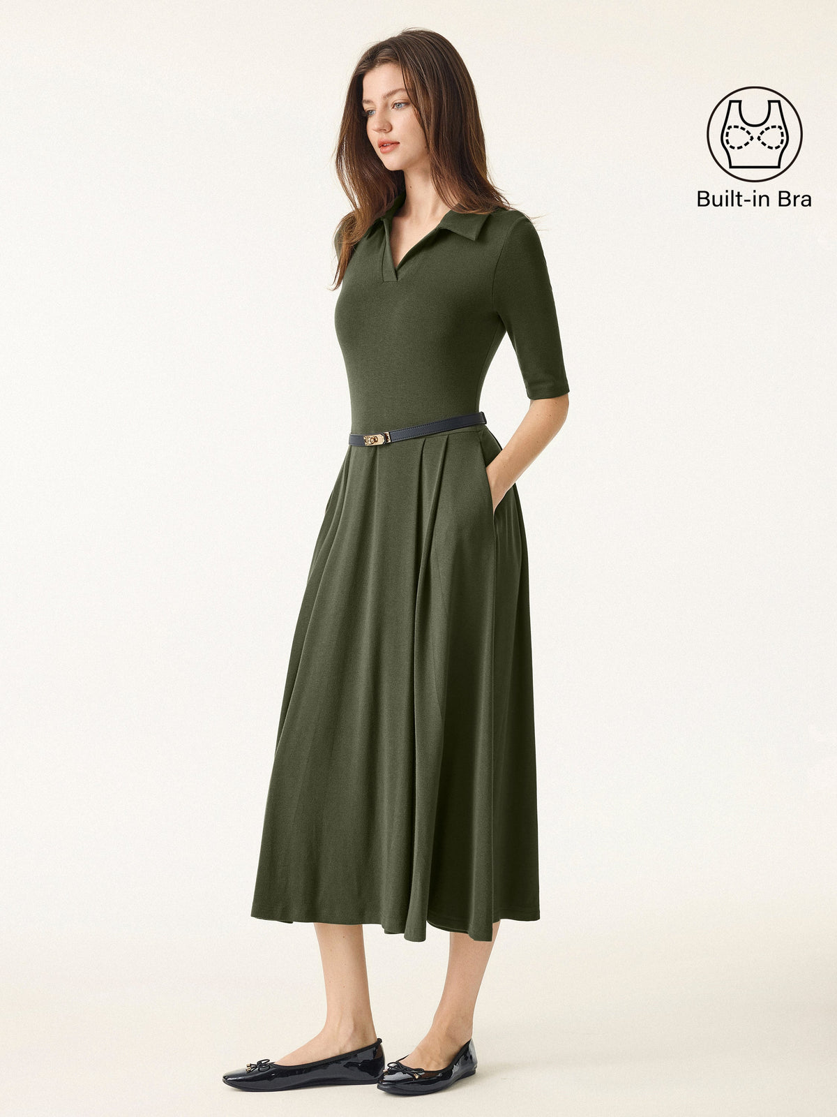 Polo Neck Elbow Length Sleeve Midi Bra Dress with Pockets
