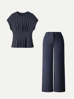 2Pcs Set Round Neck Tee & Mid Rise Fly-Front Wide Leg Trousers