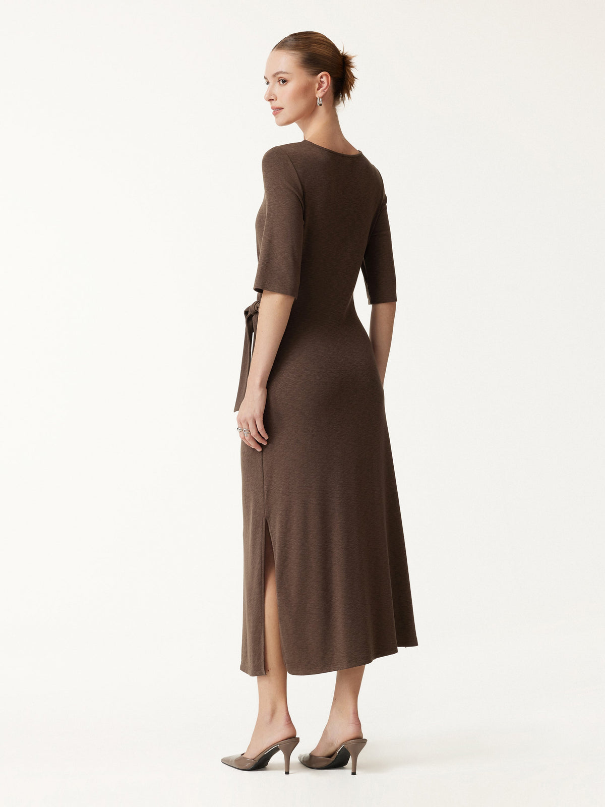 Slub Ribbed Round Neck Elbow Sleeve Tie-Waist Midi Dress
