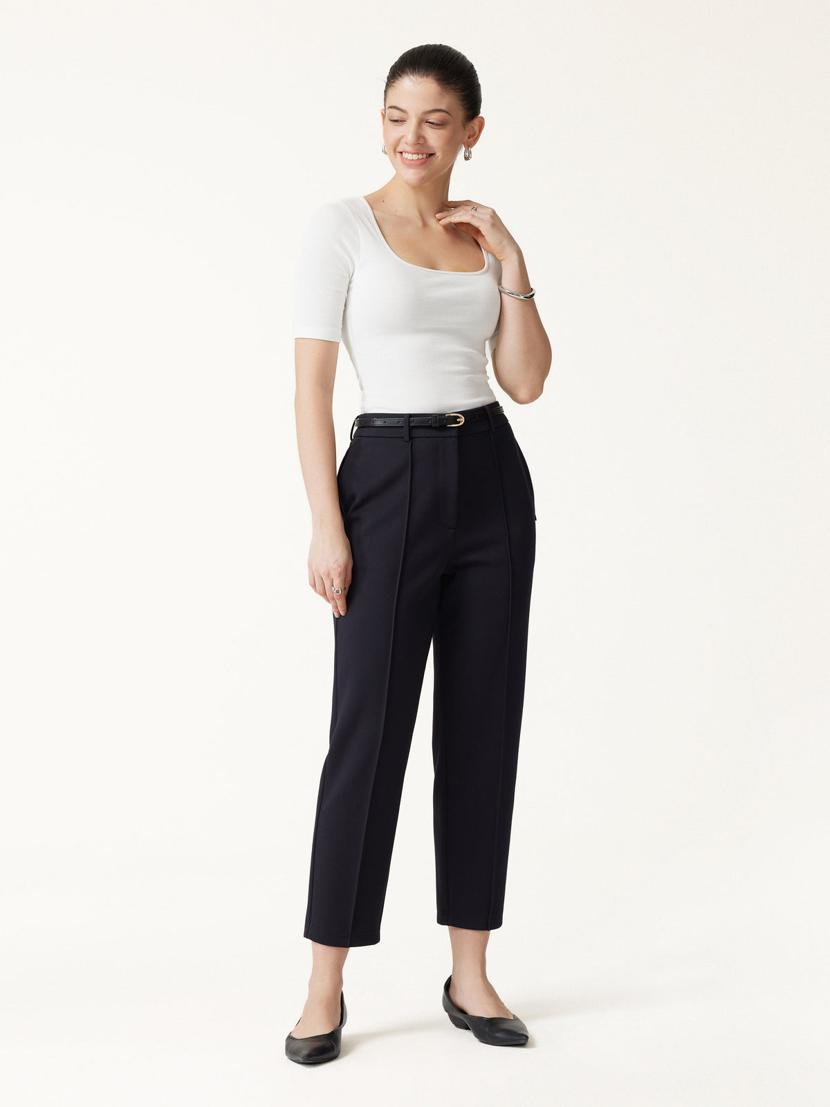 Modal Blend Ponte High-Rise Ankled Slim-Straight Pants with Pockets