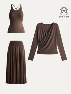 3Pcs Set Cami & Surplice Ruched Top & Godet Hem Maxi Skirt