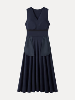 Ribbed Collared V-Neck Sleeveless A-Line Midi Bra Dress with Pockets