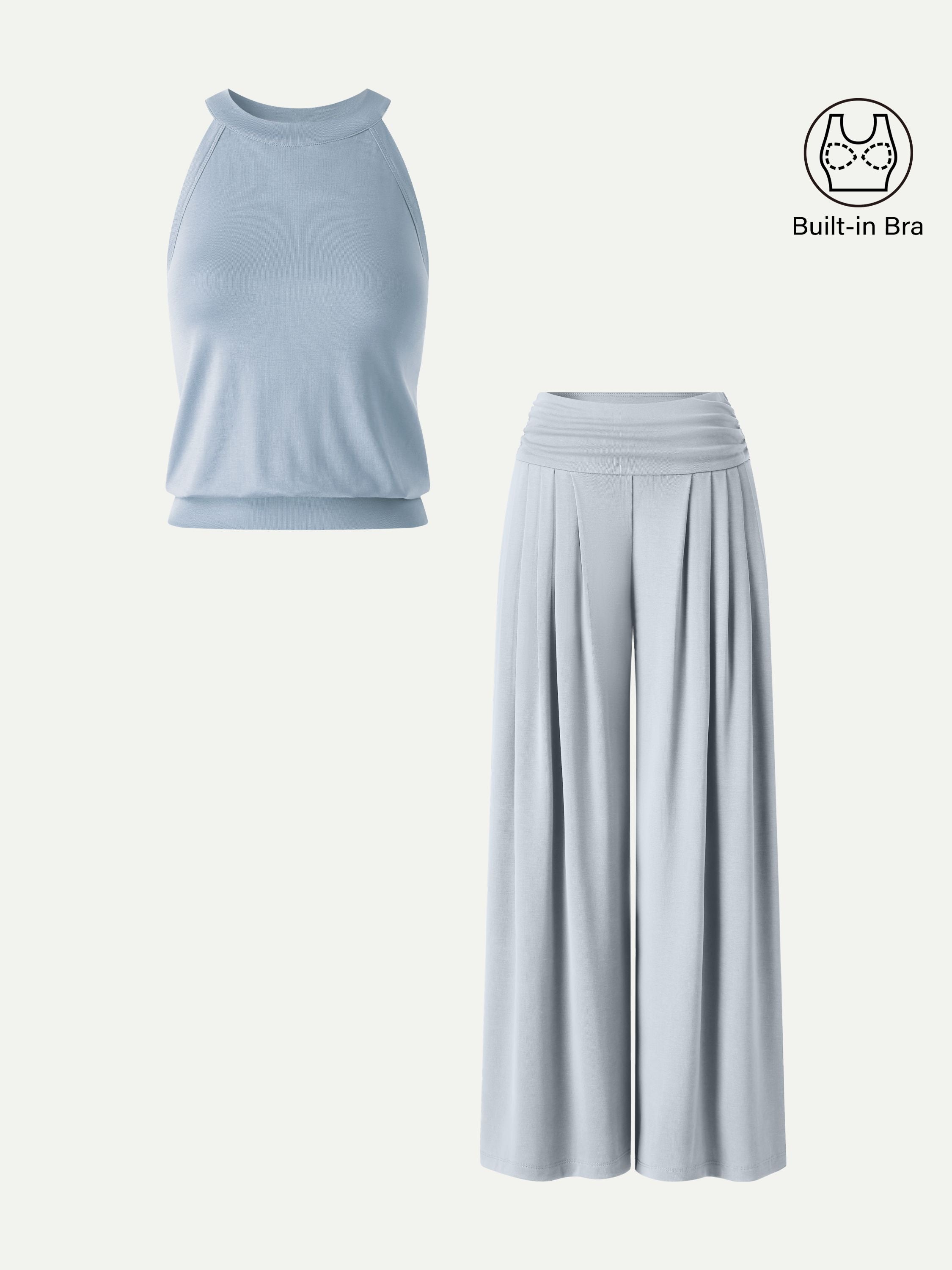 2Pcs Set Halter Neck Bra Tank & Tucked Pant with Pockets