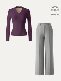 2Pcs Set V-neck Slimming Brami Top & High Waisted Straigh Leg Pant