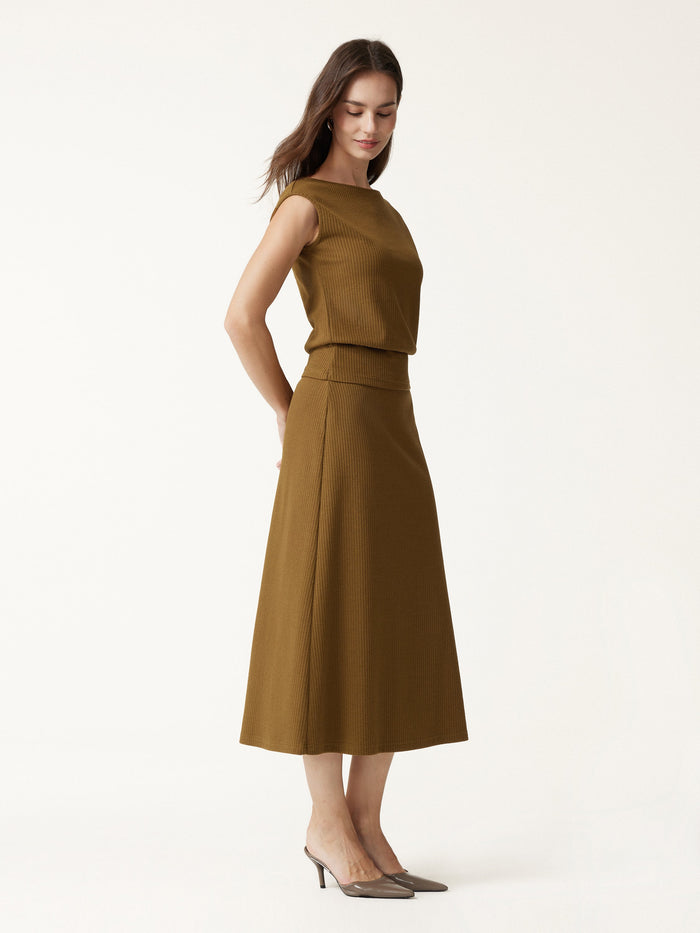 2Pcs Set Boatneck Sleeveless Top & Mid-Rise A-Line Midi Skirt