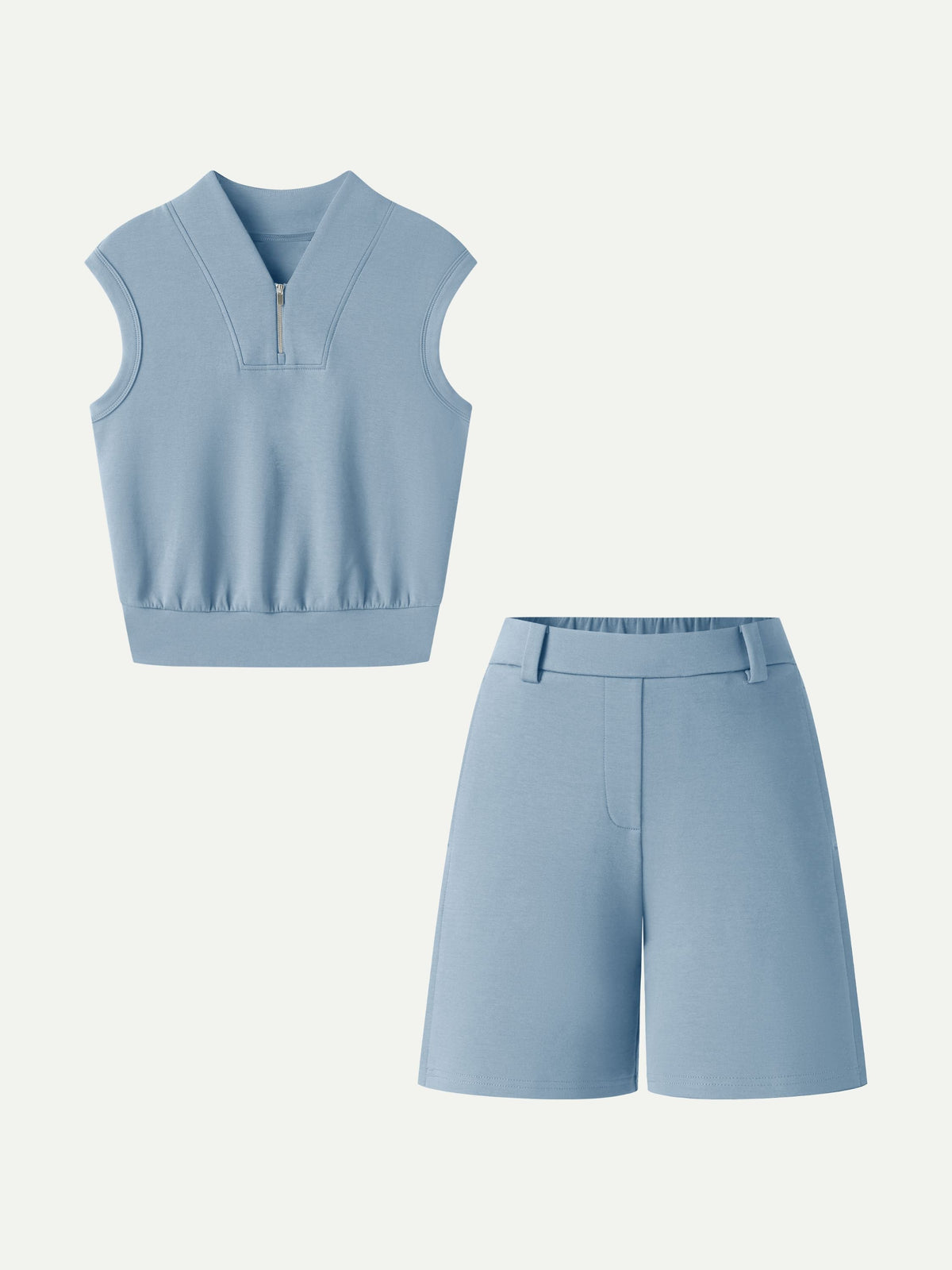 2Pcs Set Banded Hem Travel Top & Shorts with Pockets