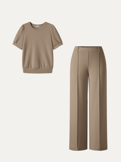 2Pcs Set Round Neck Puffed Short Sleeve Top & Cropped Straight-Leg Pants with Pockets