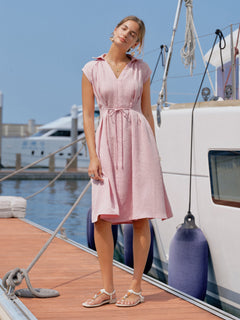 Viscose-Linen V-neck Midi Dress with Drawstring