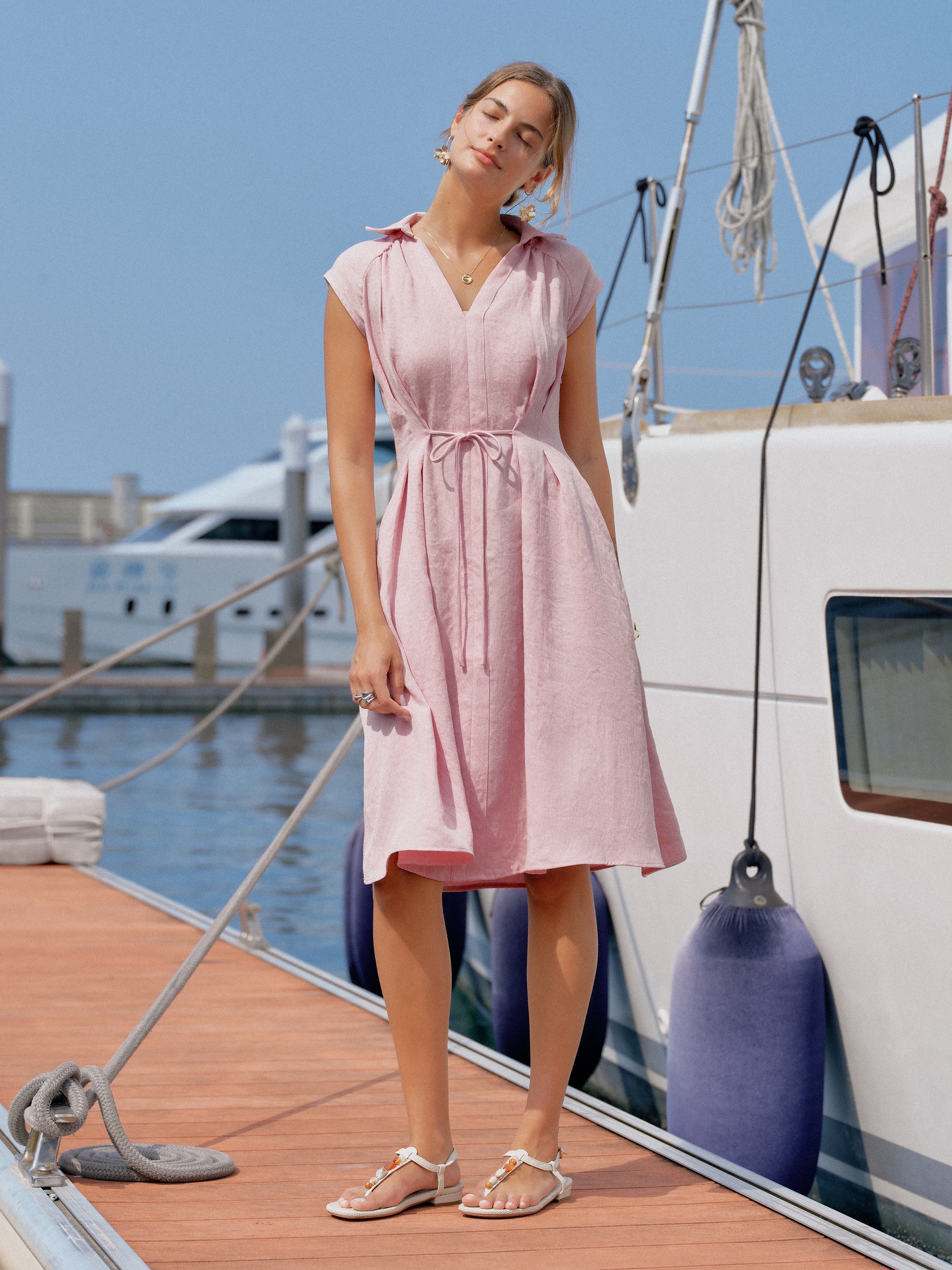 Viscose-Linen V-neck Midi Dress with Drawstring