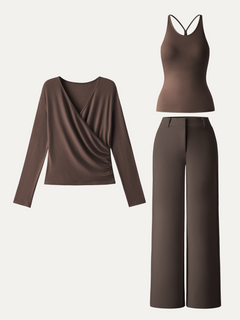 2Pcs Set Cami with Surplice Ruched Top & Mid Rise Fly-Front Wide Leg Trouser